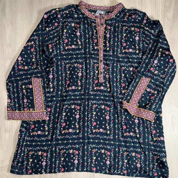 Johnny Was Floral Print Tunic Top Women Size M Dark Blue Button Up Long Sleeve - Picture 1 of 13